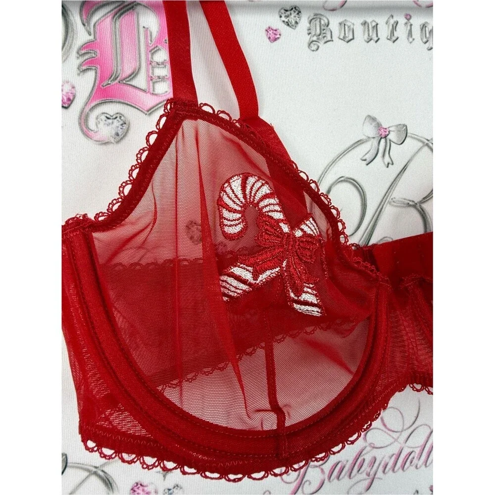 Bra candy cane holiday Red Sheer Lace Balconette Bra
